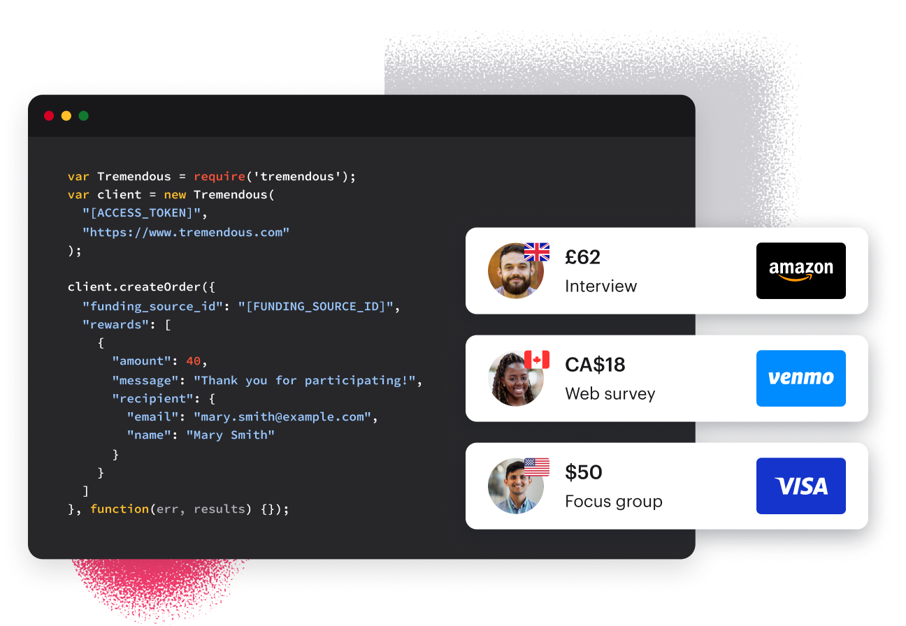 Terminal screen with code next to three gift card rewards (Amazon, Venmo, Visa)