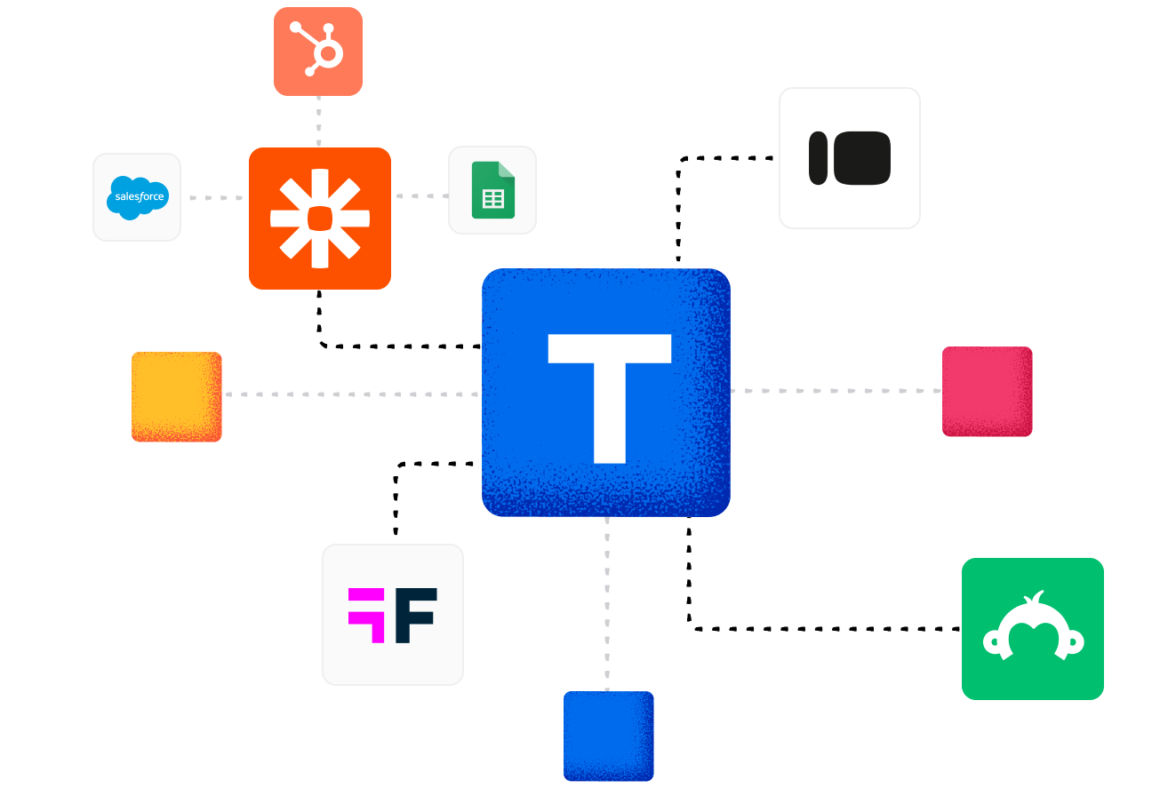 Tremendous logo surrounded by different integrations - Salesforce, Hubspot, Zapier, SurveyMonkey