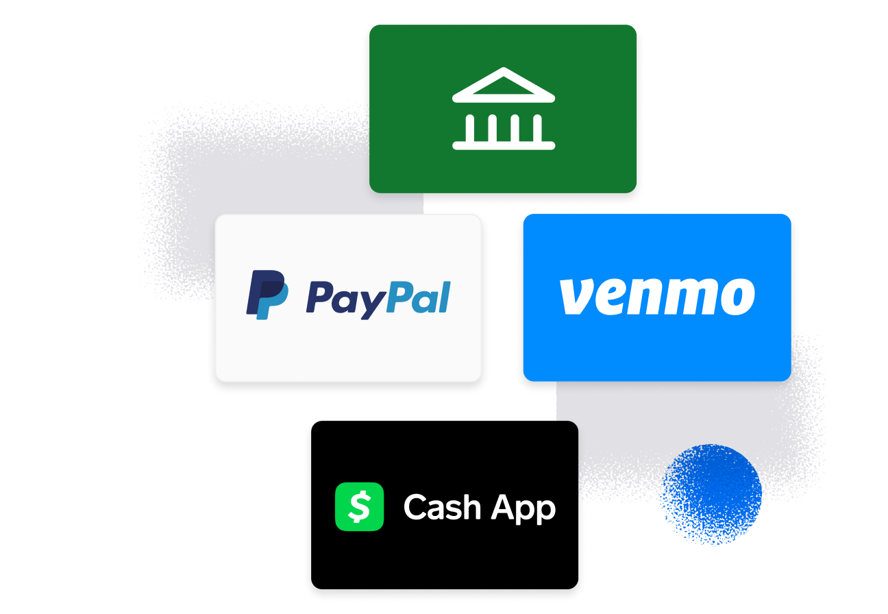 Bank transfer, PayPal, Venmo, and Cash App logos