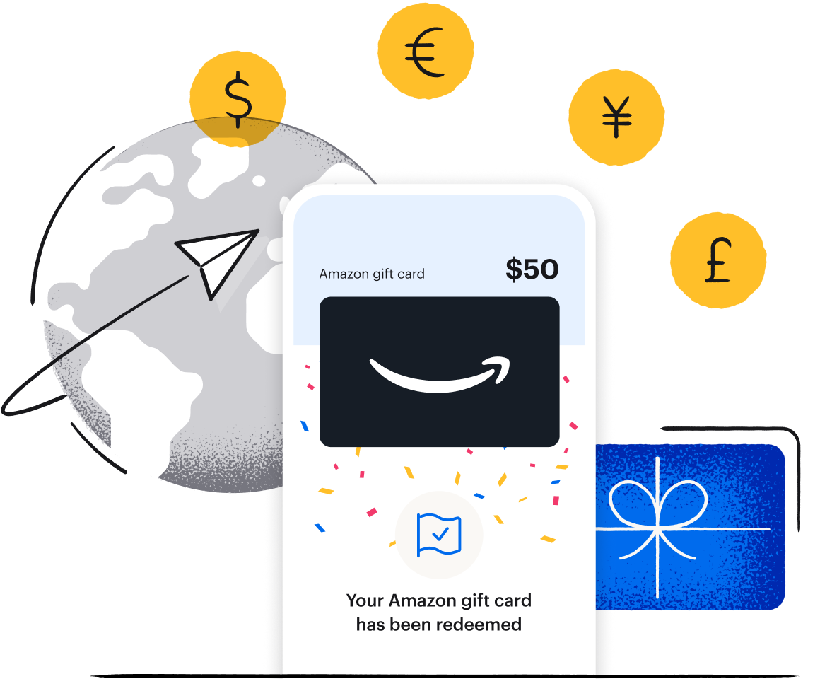 Phone screen with an Amazon gift card surrounded by different currency symbols