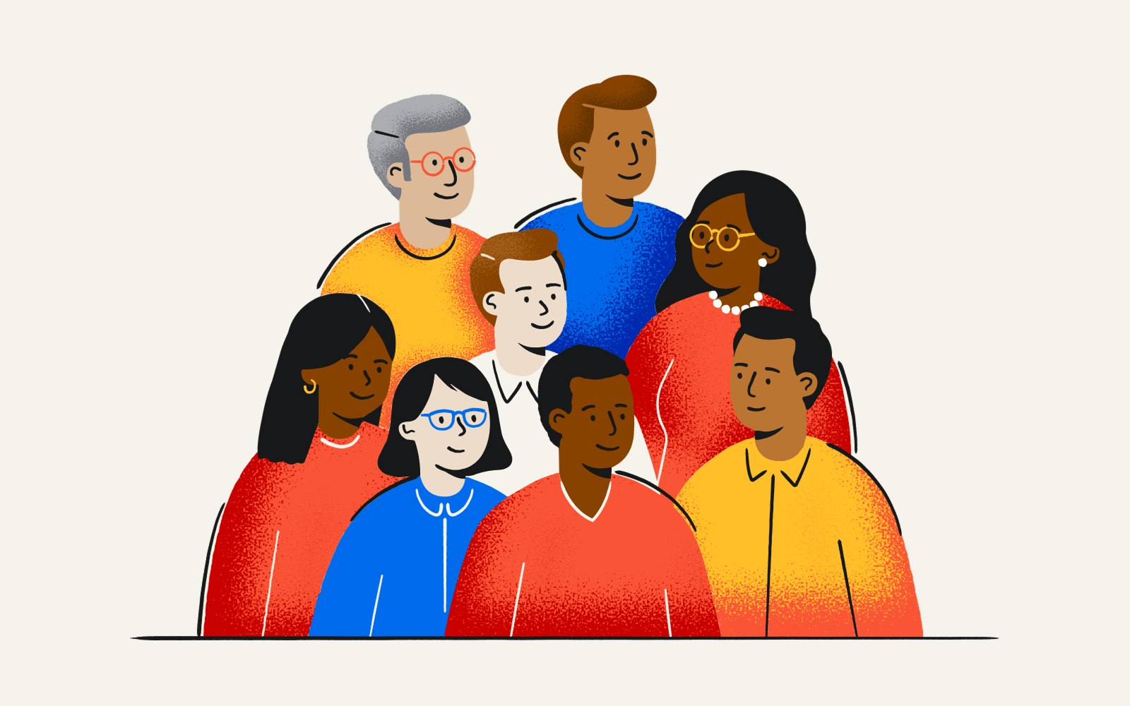 An illustration of a group of research participants looking happy.