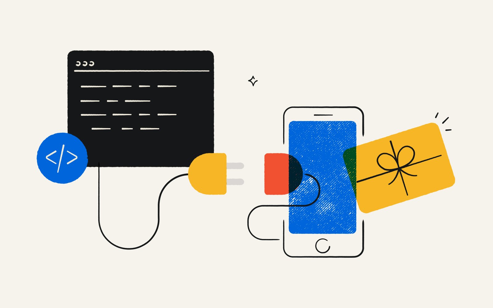 An illustration showing a desktop computer screen connected by a power cord to a smartphone sending gift cards.