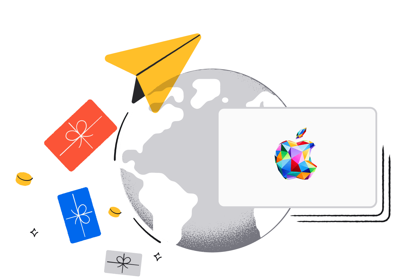 Illustration of a grey globe overlaid with a white Apple gift card