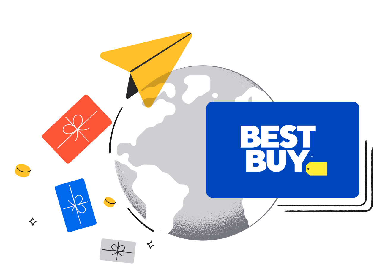 Illustration of a gray globe overlaid with a blue Best Buy gift card