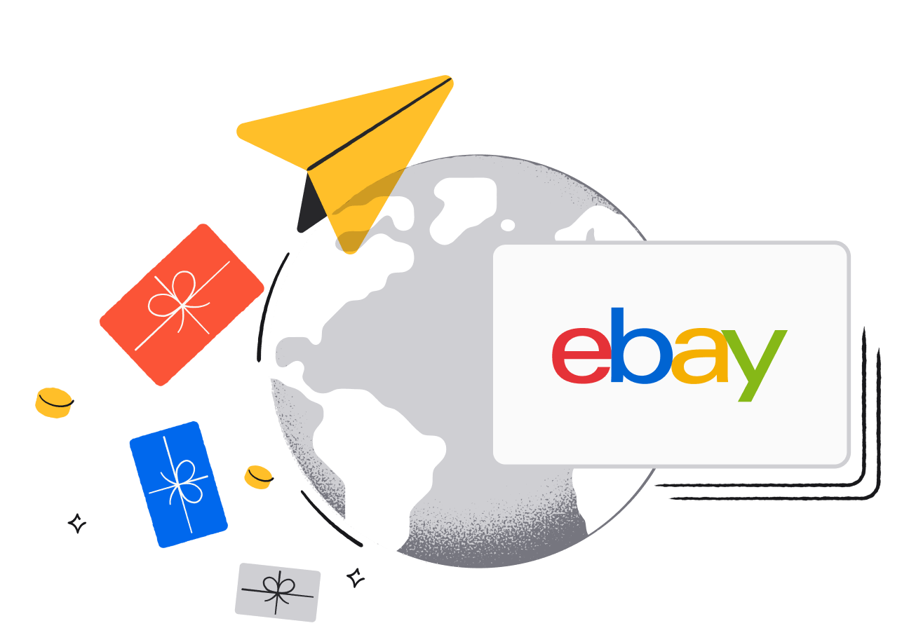Illustration of a gray globe overlaid with a white eBay gift card