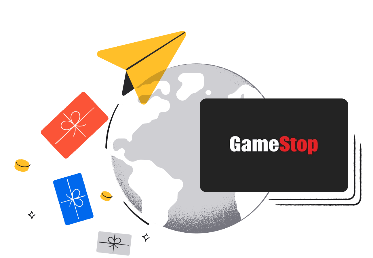 Illustration of a grey globe overlaid with a GameStop gift card