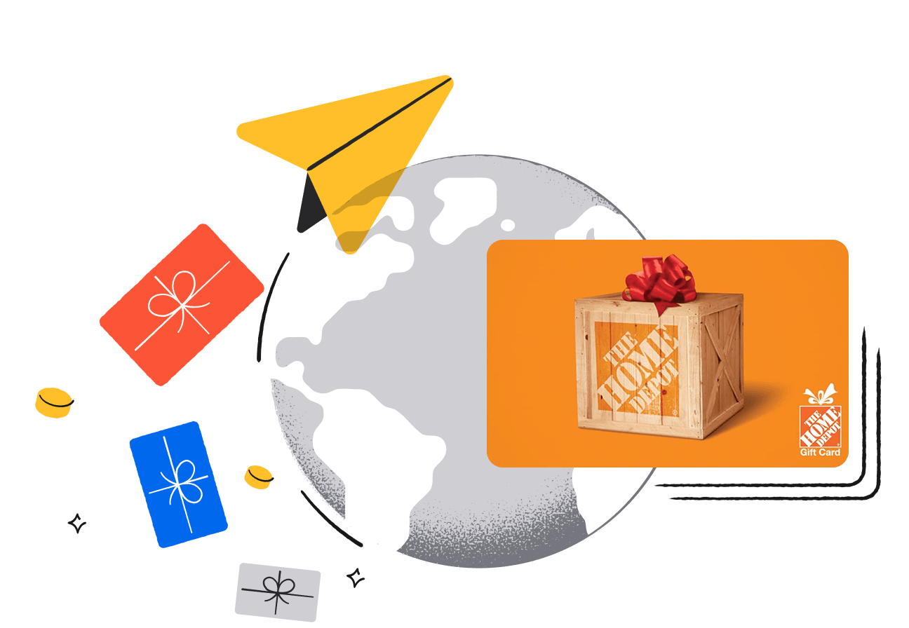 Illustration of a gray globe overlaid with an orange Home Depot gift card