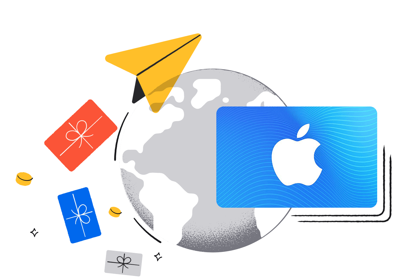 Illustration of a gray globe overlaid with a blue iTunes gift card