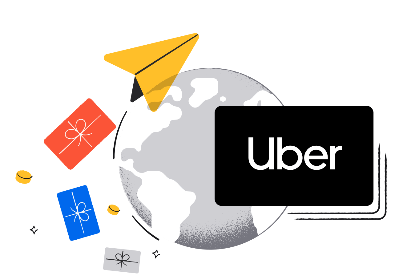 Illustration of a grey globe overlaid with an Uber gift card