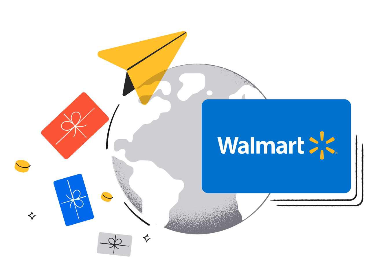 Illustration of a grey globe overlaid with a blue Walmart gift card