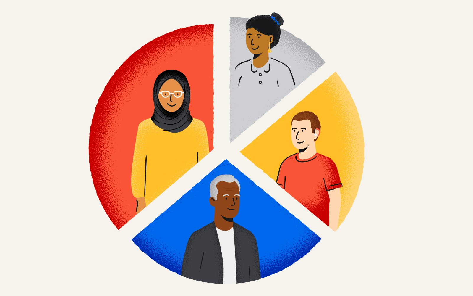 An illustration of a pie chart with each slice of the pie showing different individual people.