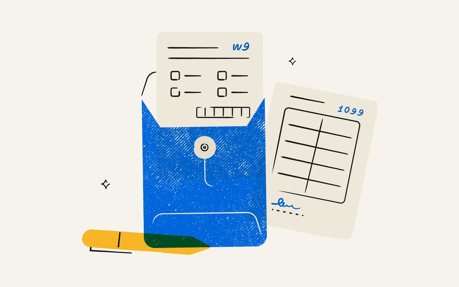 illustration depicting w-9 and 1099 tax forms