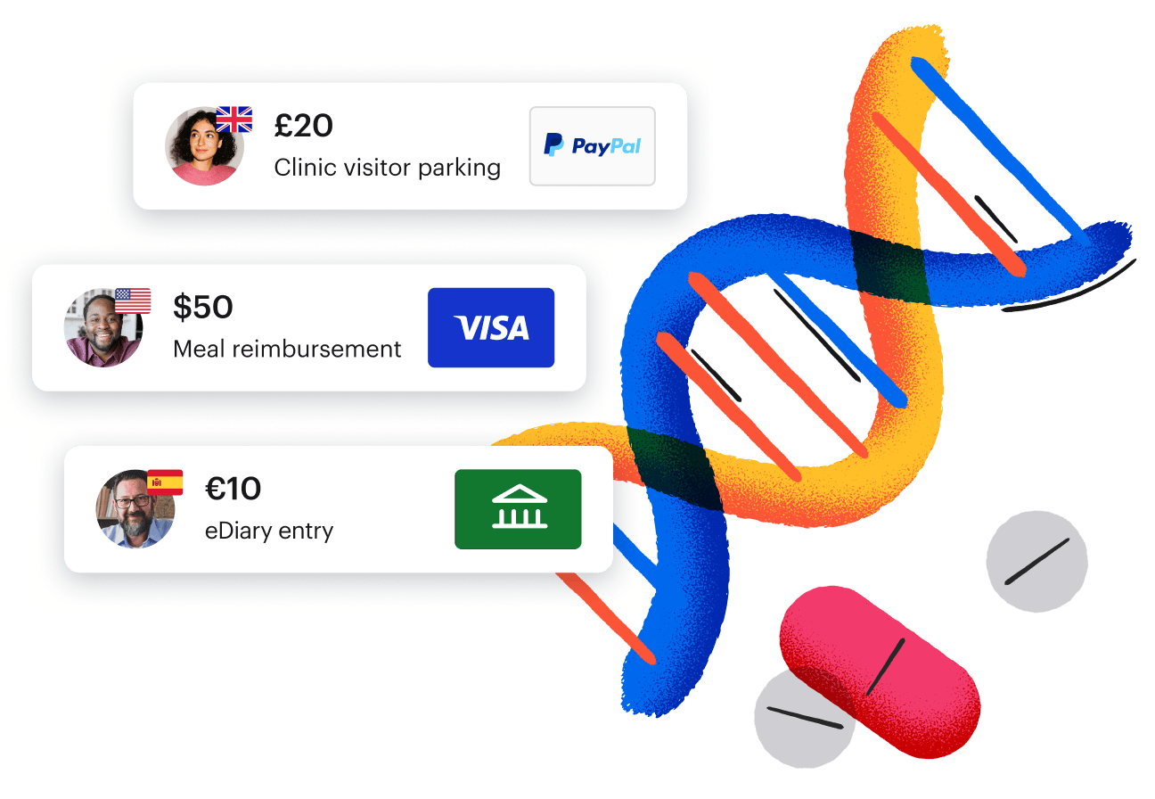 Illustration of a DNA strand and medication overlaid by three clinical trial payout tiles