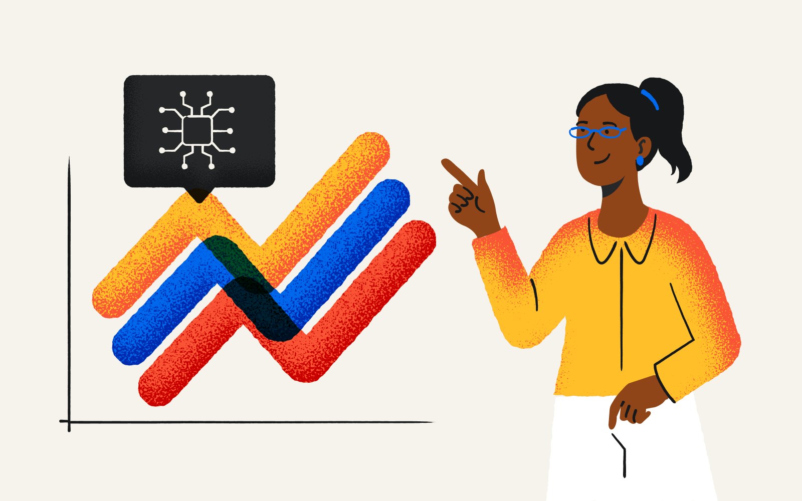 illustration of a woman pointing to synthetic data