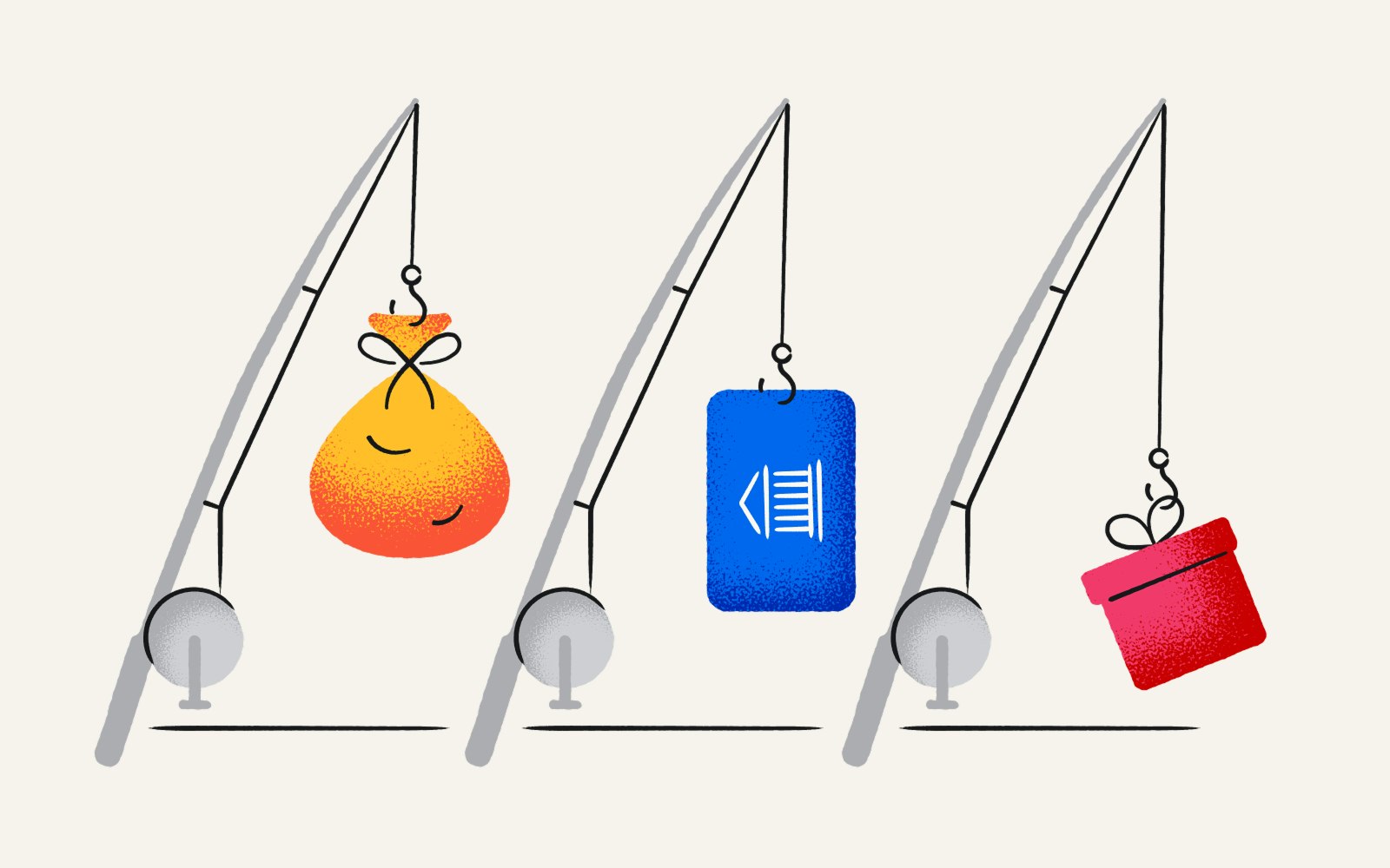An illustration of three fishing rods. Attached to the hook of each is either a money bag, a card with a bank icon on it, or a gift box.