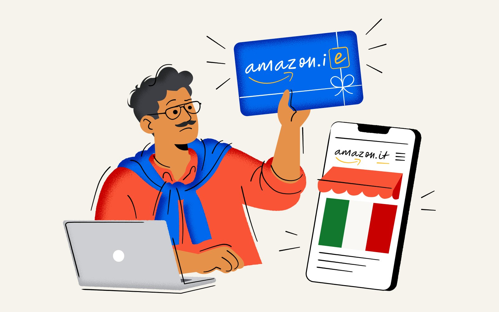 An illustration of a European with an Amazon gift card.