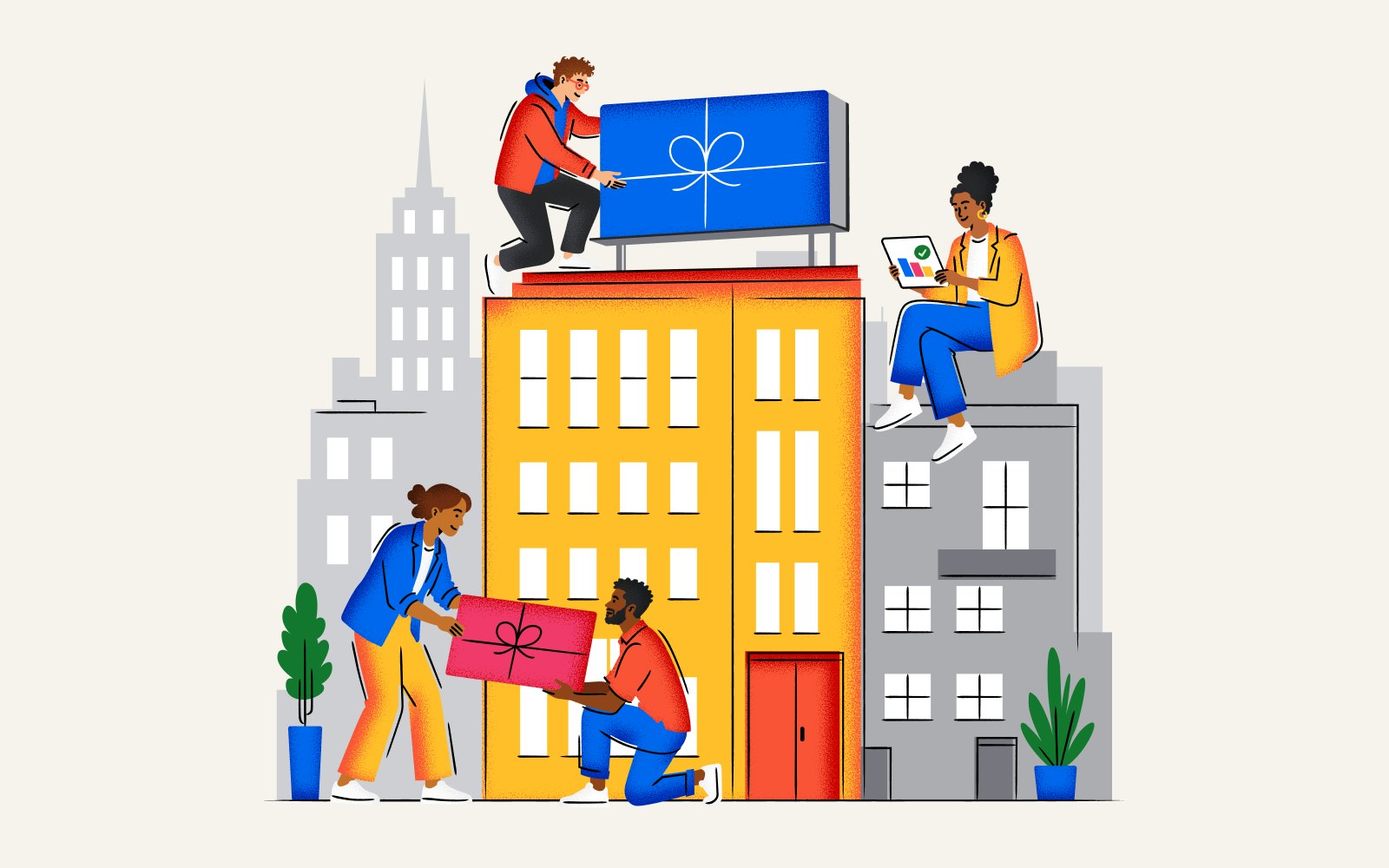 An illustration of people carrying oversized gift cards climbing around a downsized version of a city skyline.