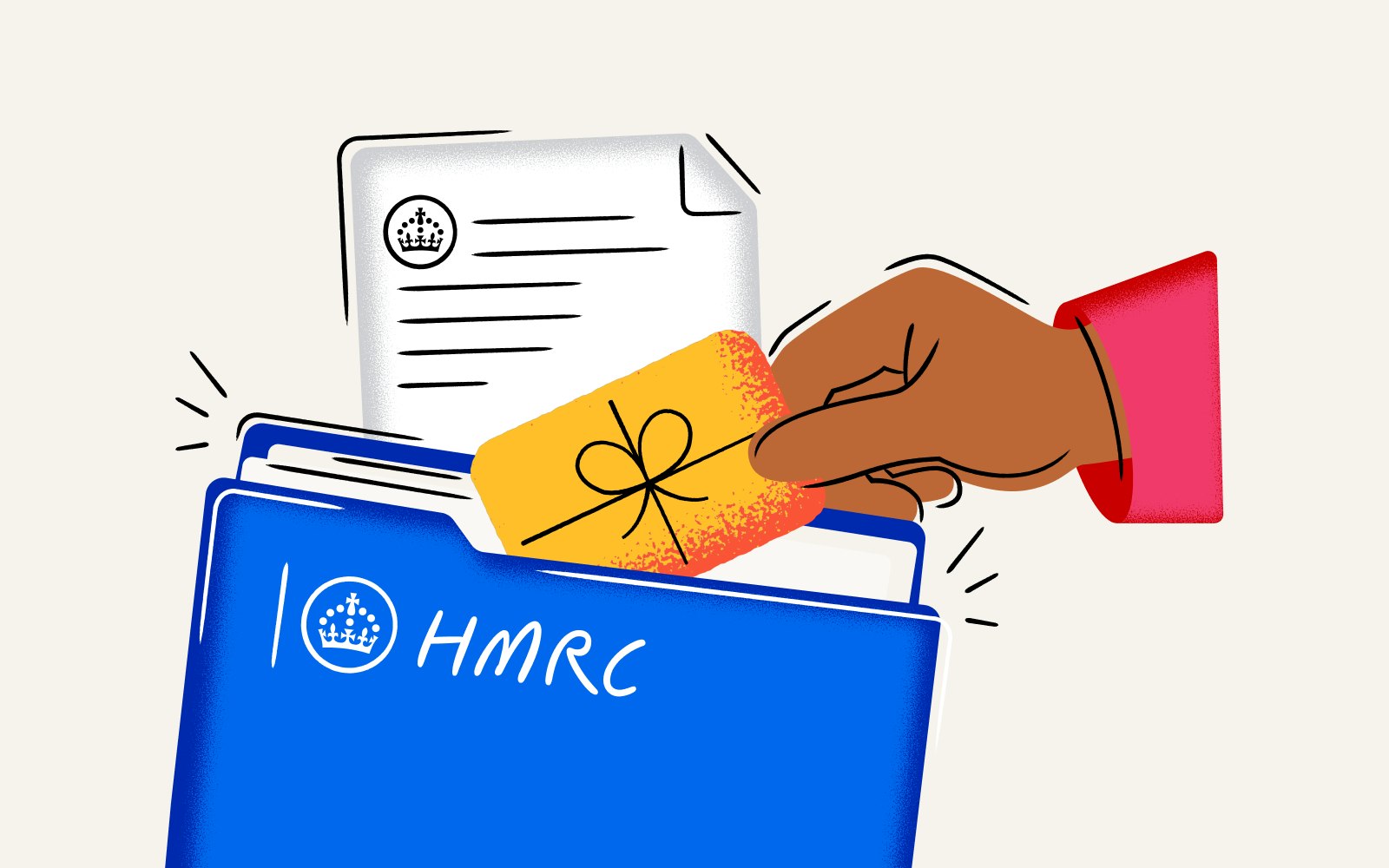 illustration of a folder with HMRC on it and a gift voucher
