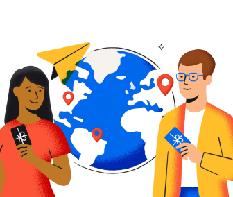 illustration of two people sending global employee rewards