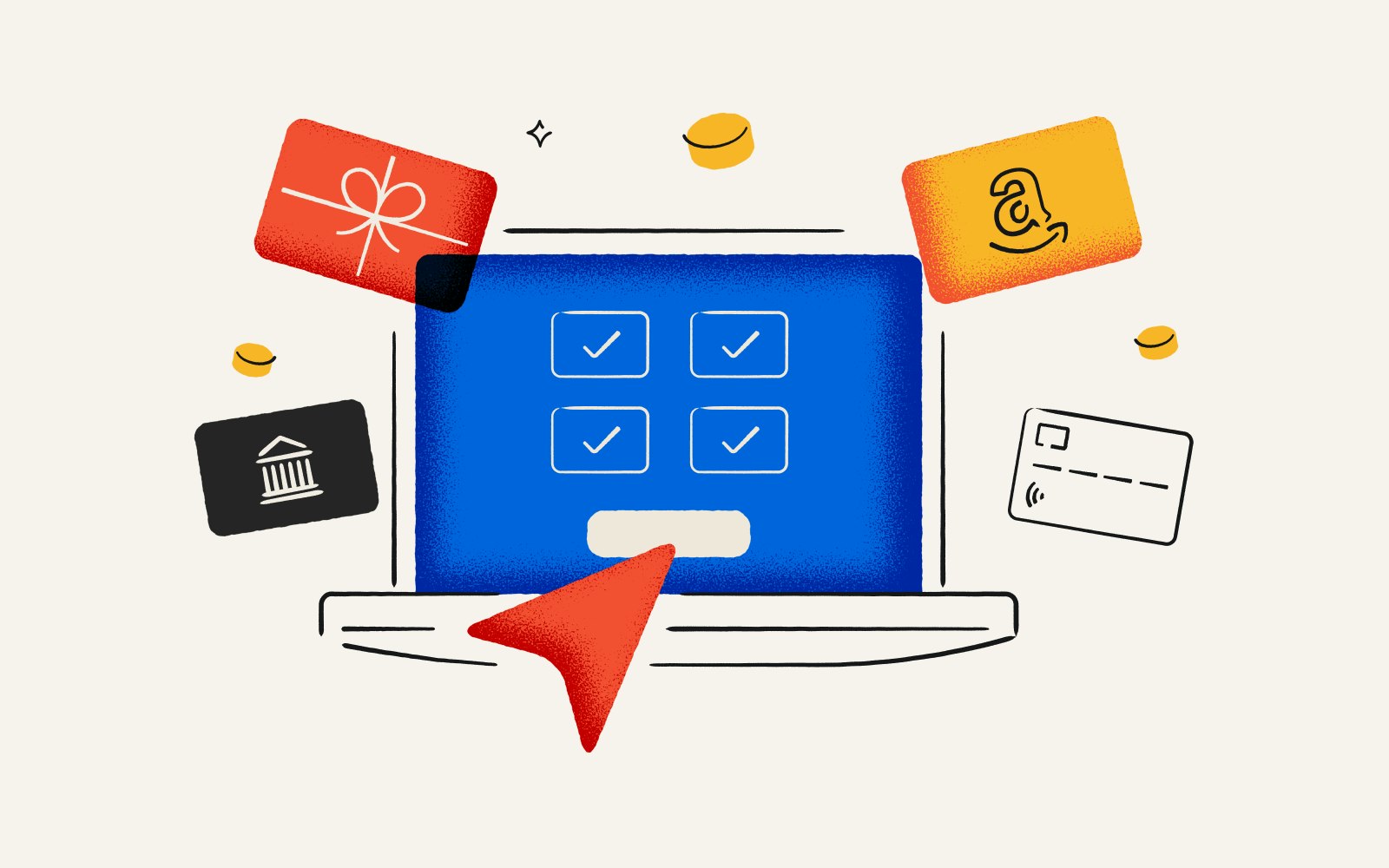 An illustration of a laptop computer showing digital rewards.