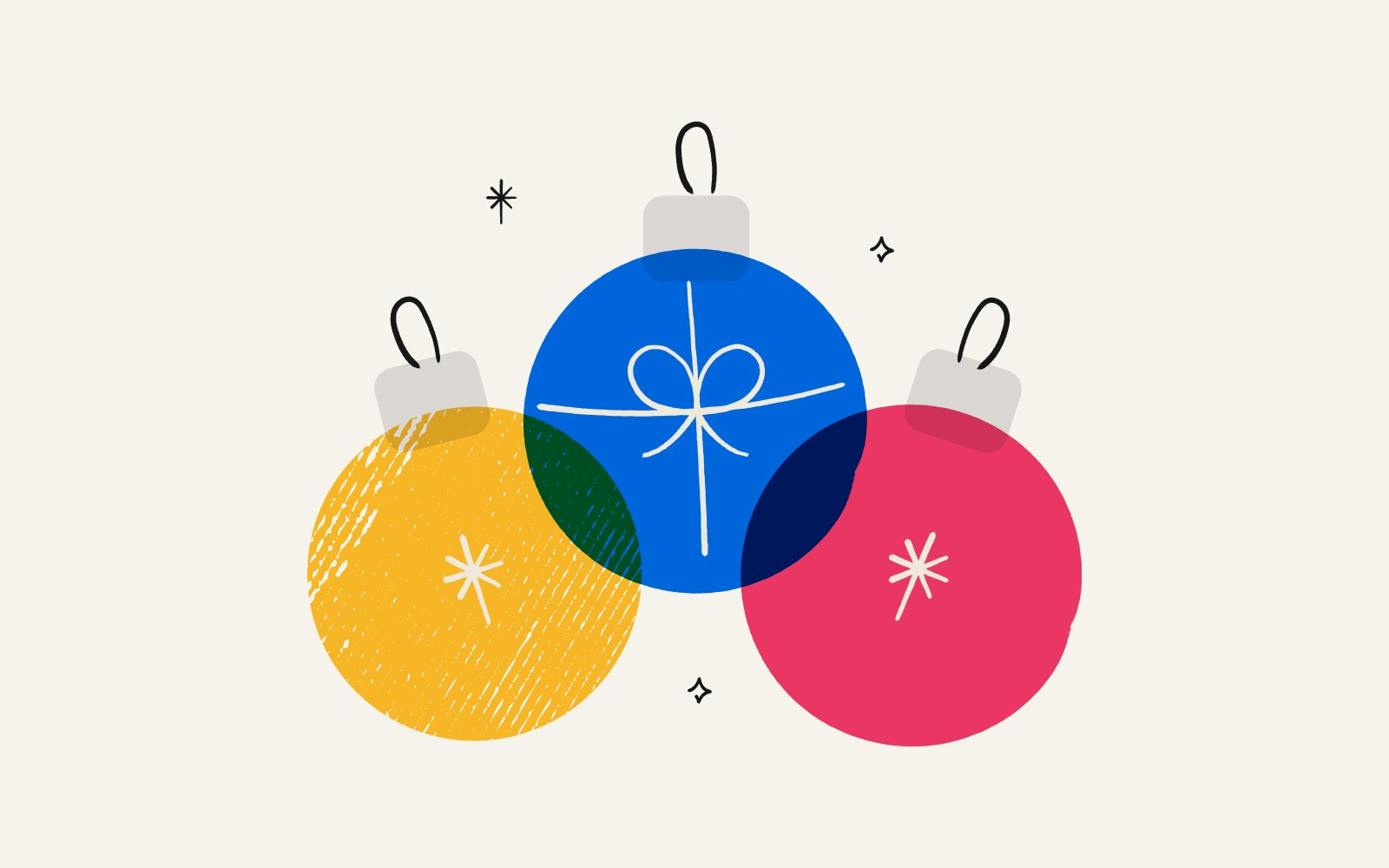 Illustration of 3 holiday ornaments, one yellow, one blue, and one red