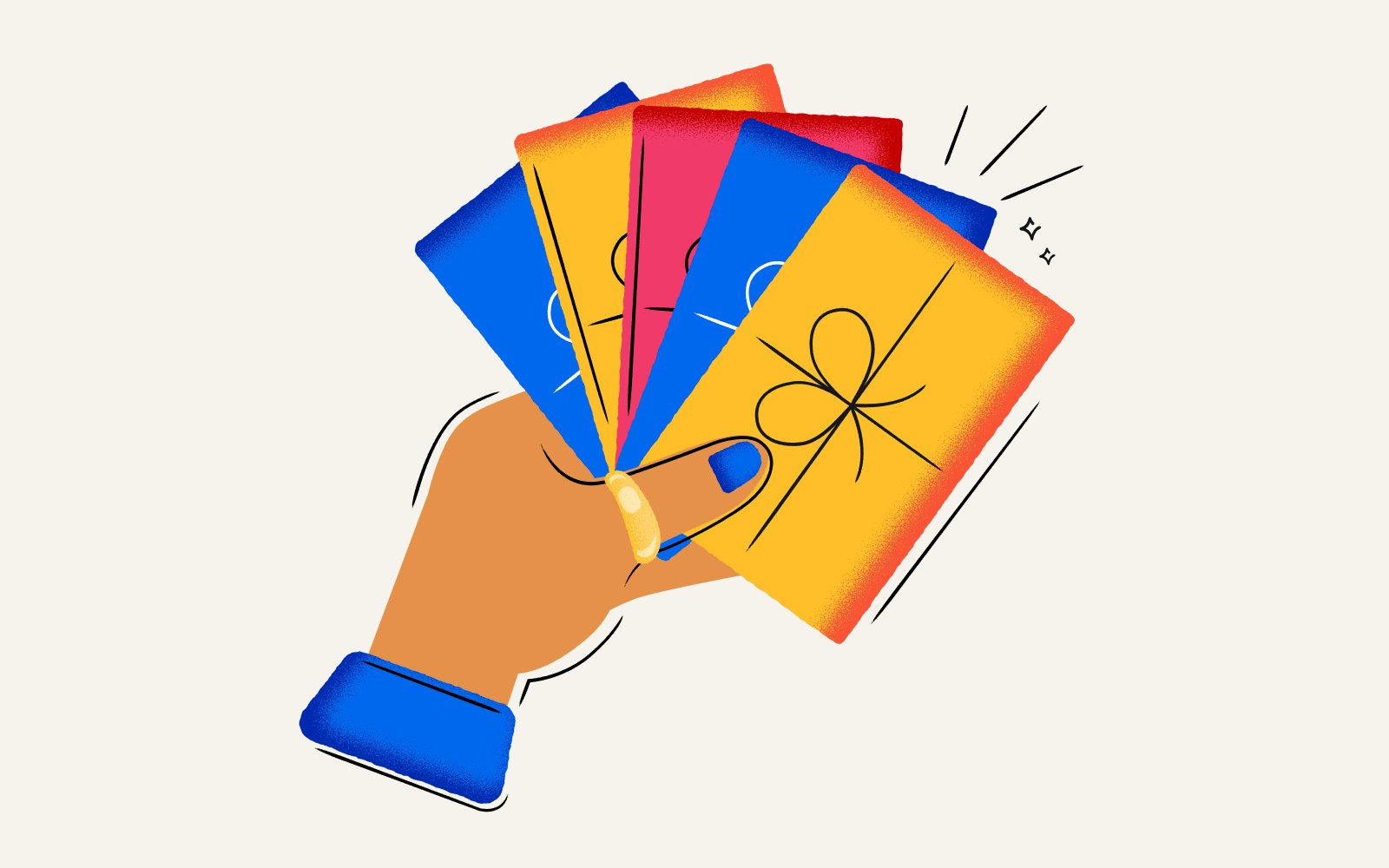 An illustrated hand holding multiple gift cards, fanned out.