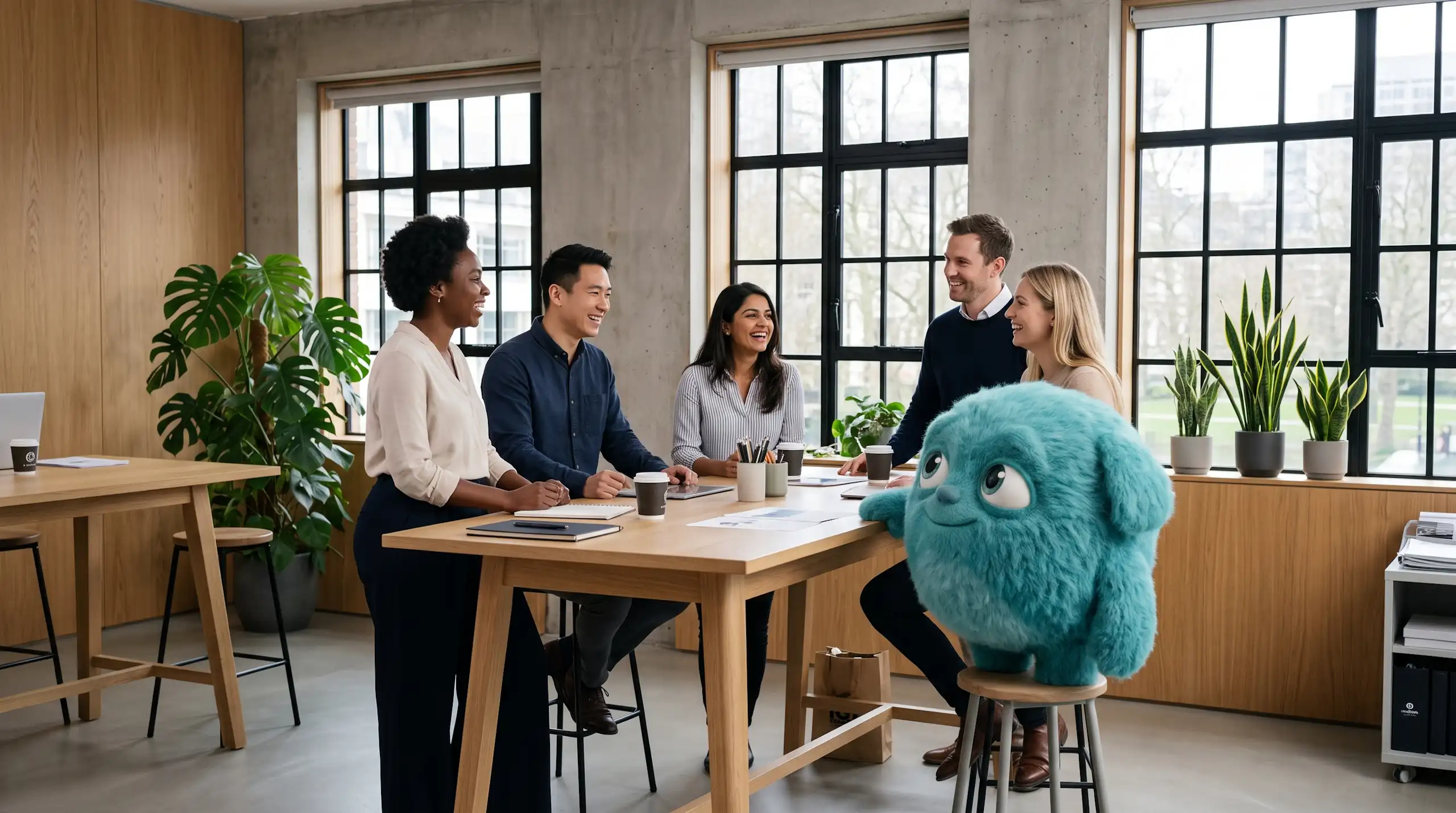 Colleagues laughing together around a table in a bright office, with Wori the Wisdom Wellbeing monster sitting alongside them