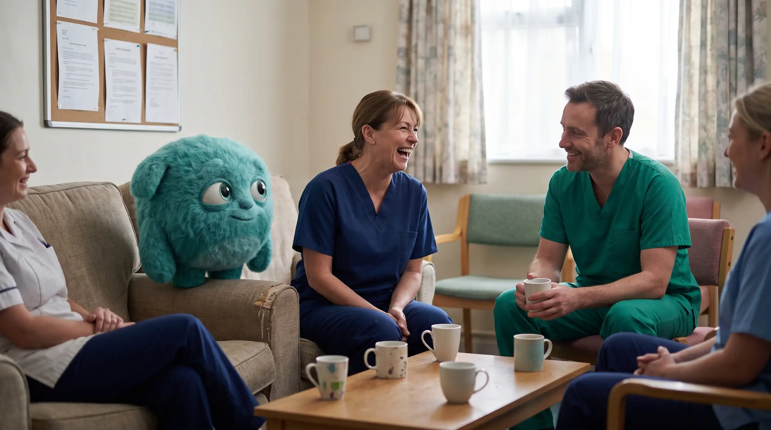 Care staff in scrubs laughing together over tea in a care-home lounge, with Wori the Wisdom Wellbeing monster sitting in an armchair beside them