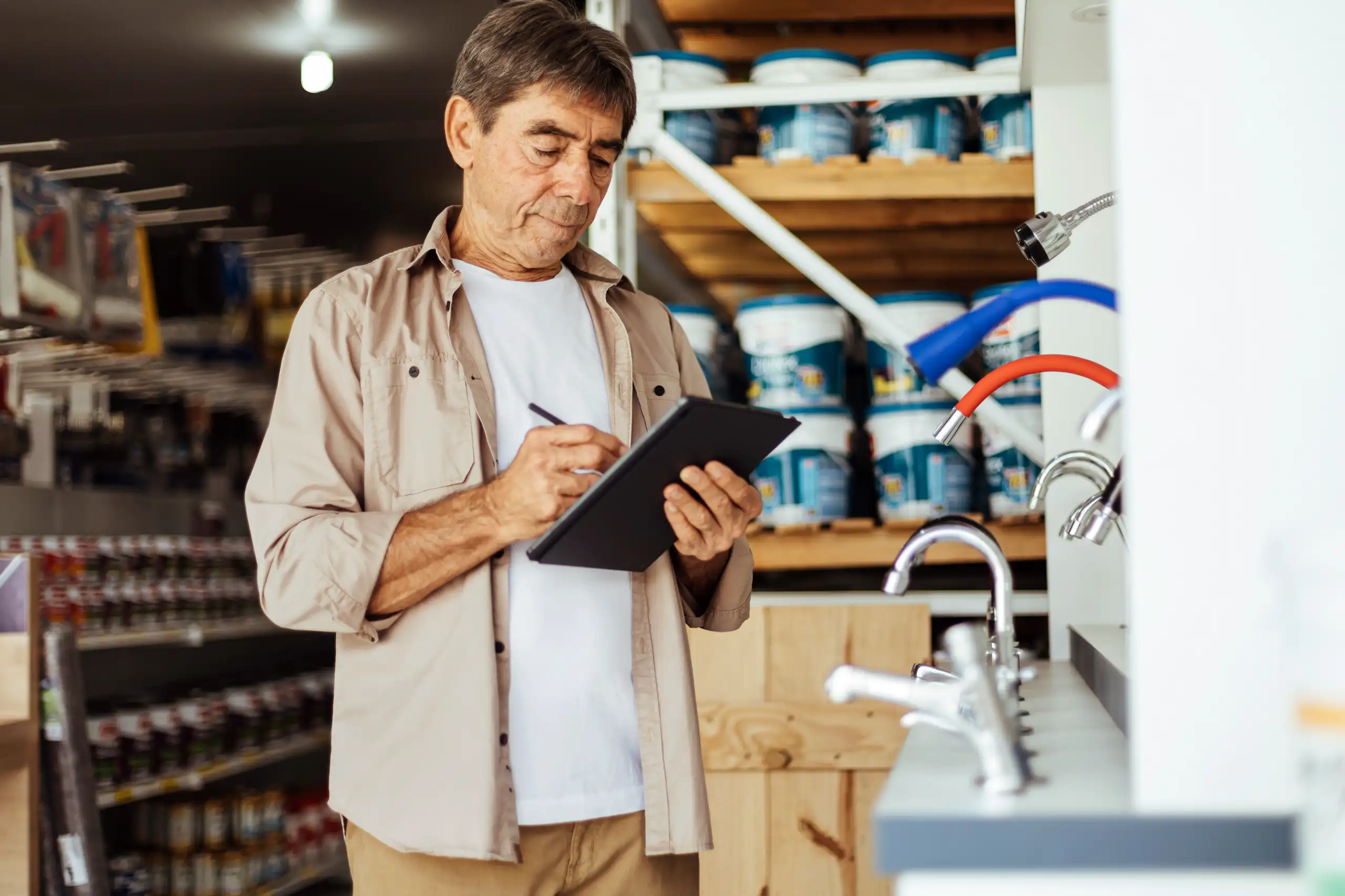 Small business owner using a tablet inside a local retail store.