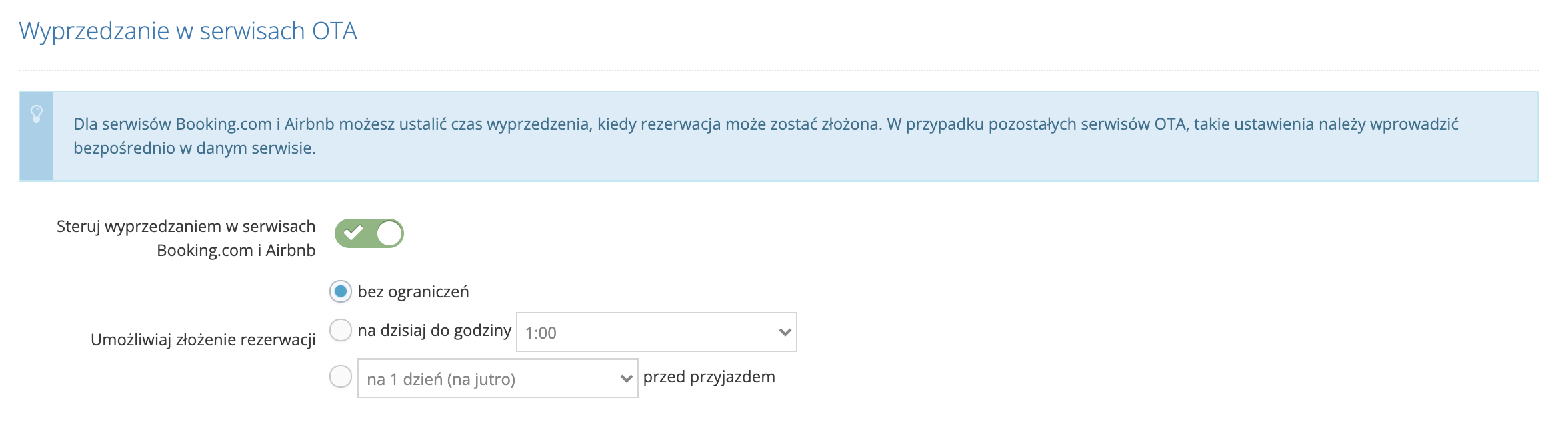 Ustawienia związane z wyprzedzeniem rezerwacji dla Booking.com oraz Airbnb