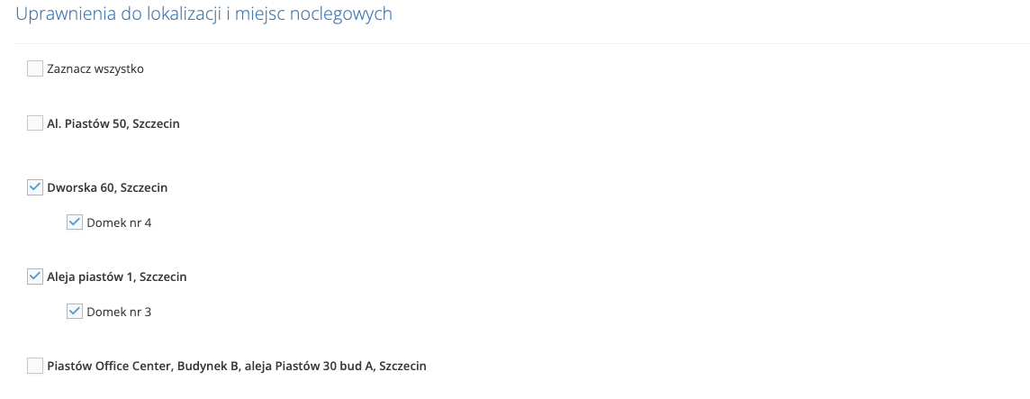 Uprawnienia do lokalizacji i miejsc noclegowych