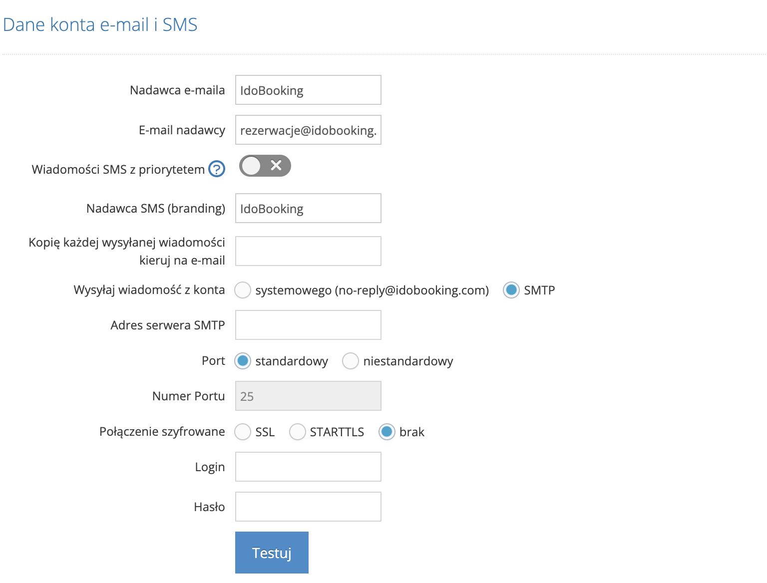 Dane konta e-mail i sms