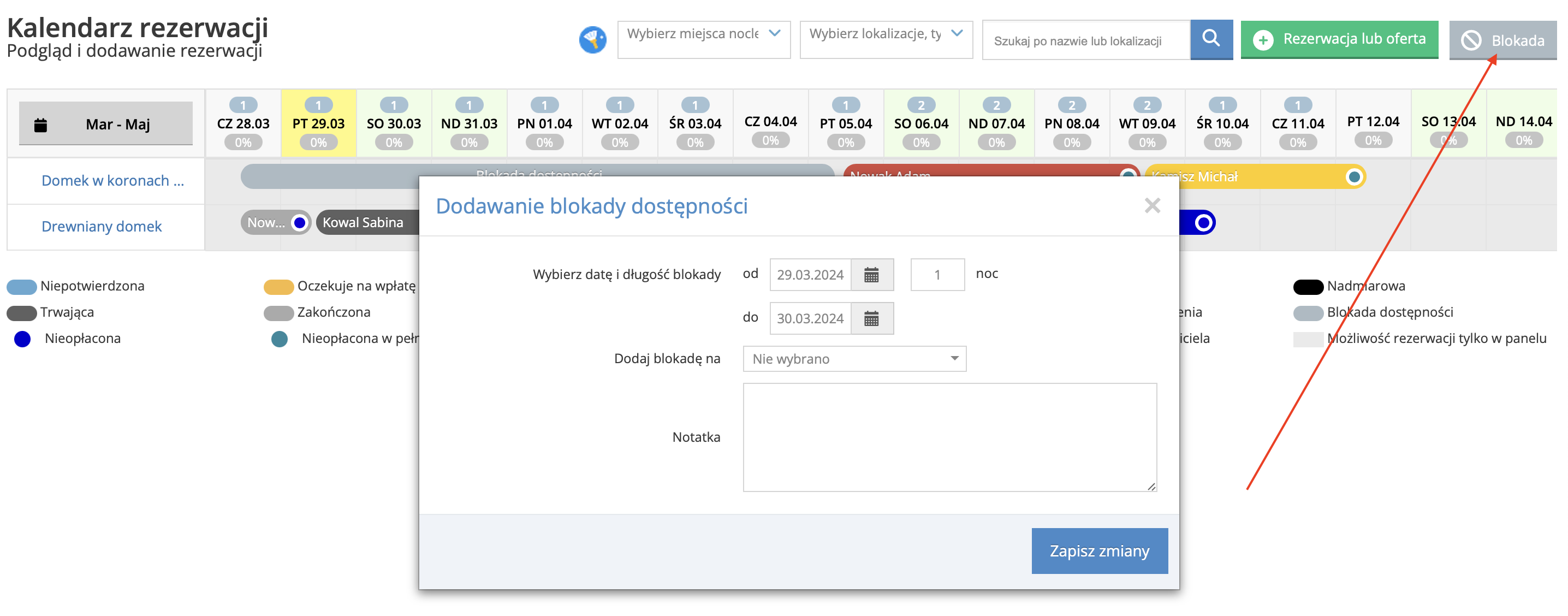 Kalendarz rezerwacji - dodawanie blokad dostępności