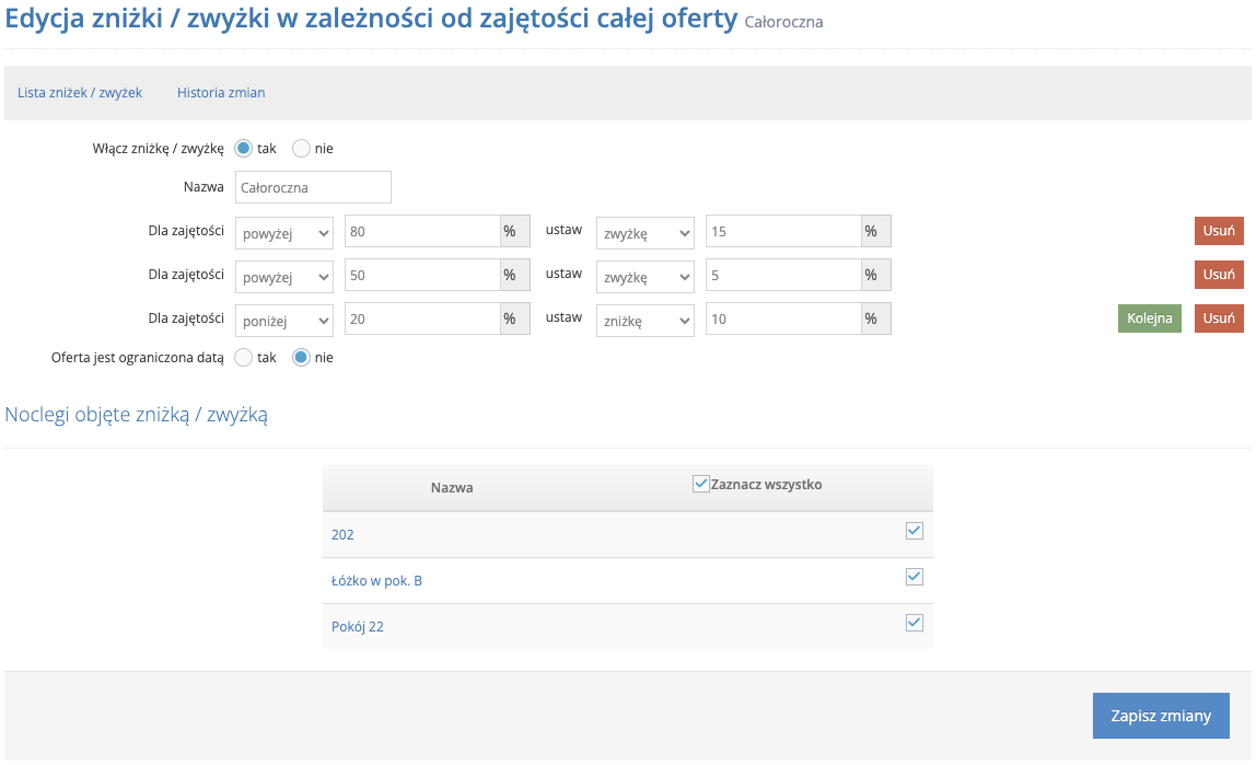Zniżki i zwyżki od długości rezerwacji - edycja