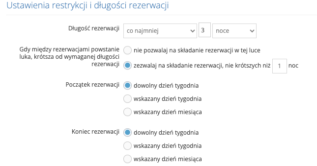 Plany cenowe - ustawienia restrykcji i długości rezerwacji