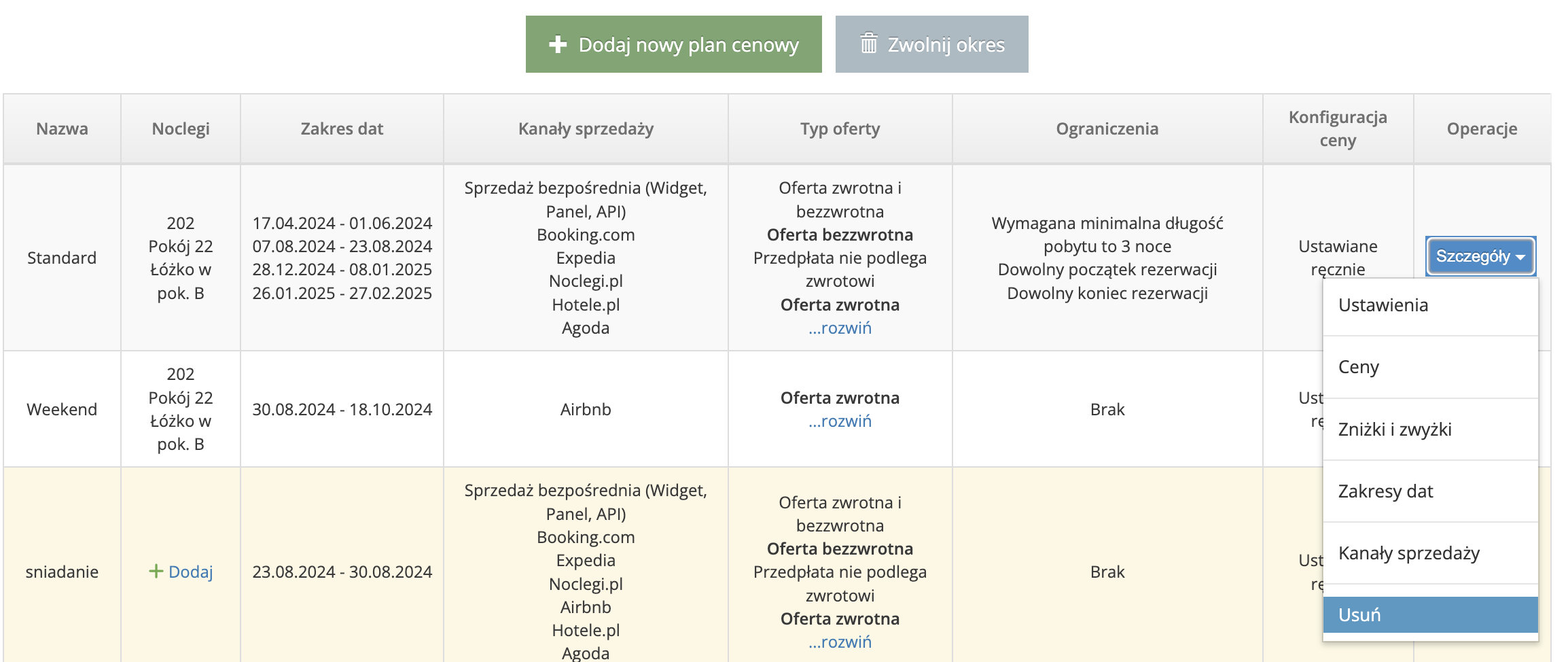 Plany cenowe - lista planów cenowych