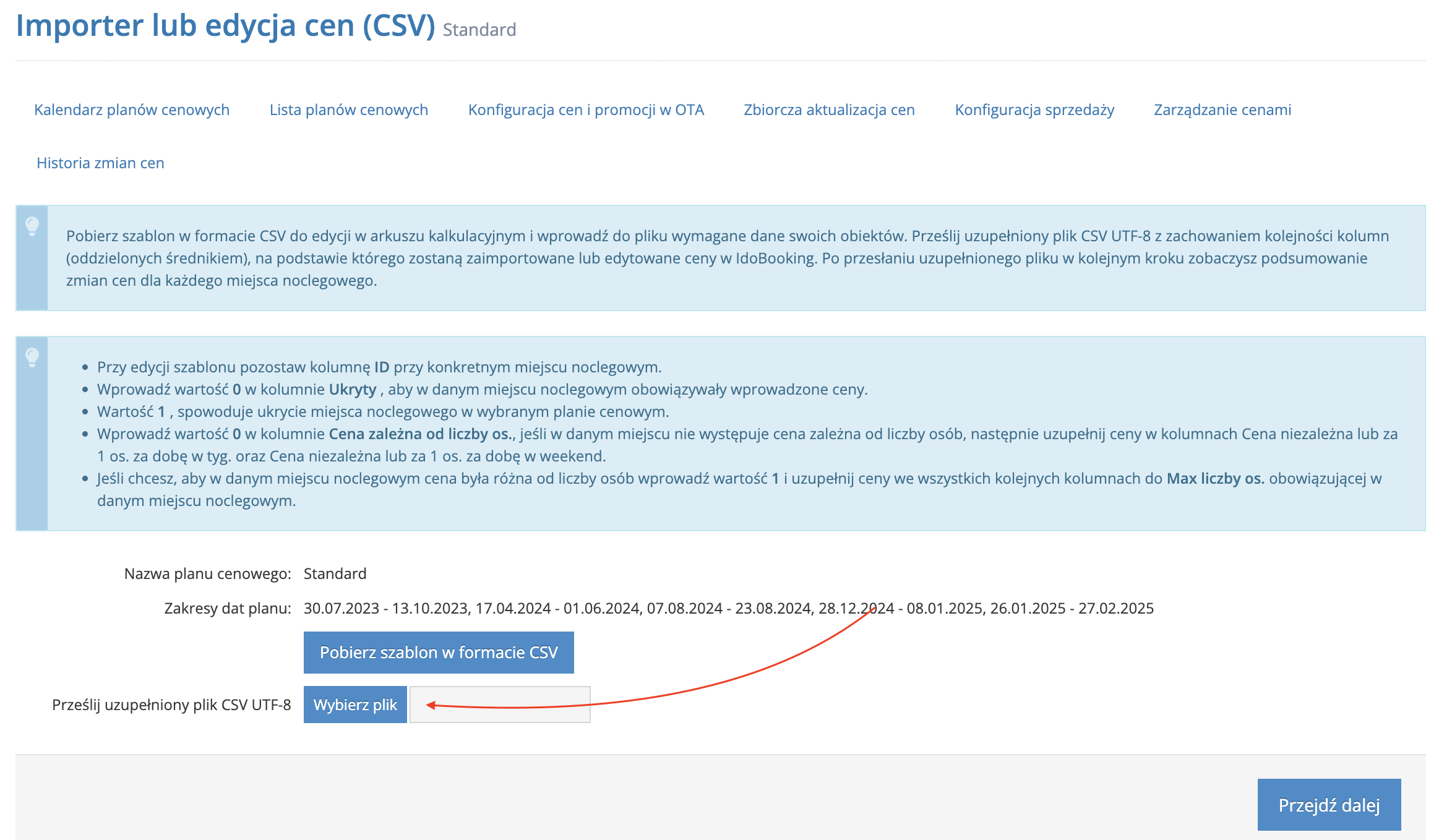 Plany cenowe - wgranie pliku csv