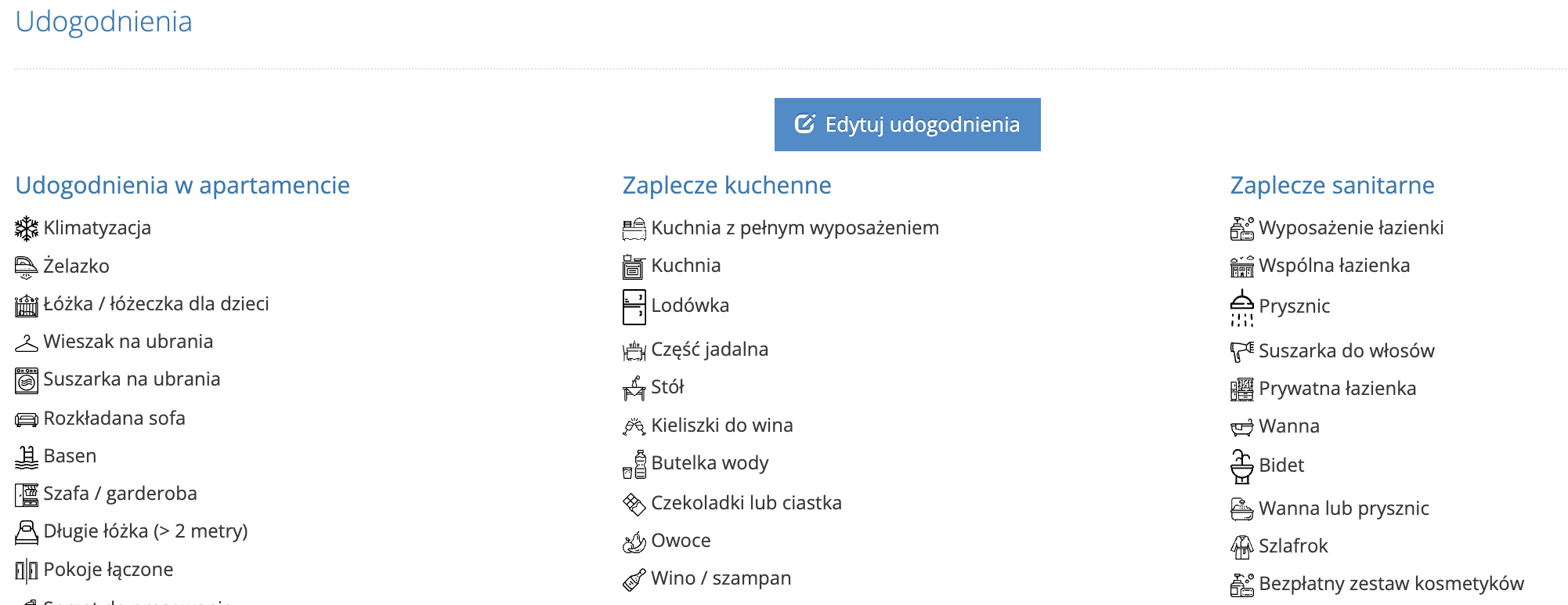 Miejsca noclegowe - udogodnienia