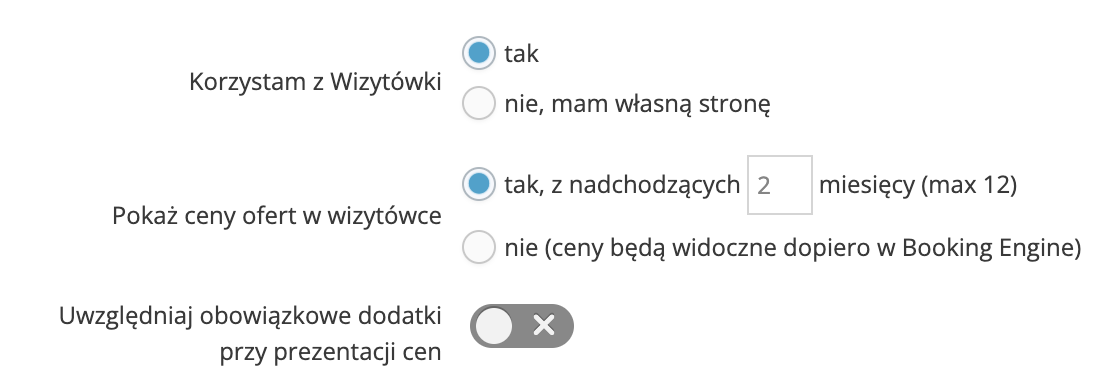 Ustawienia wizytówki - prezentacja cen