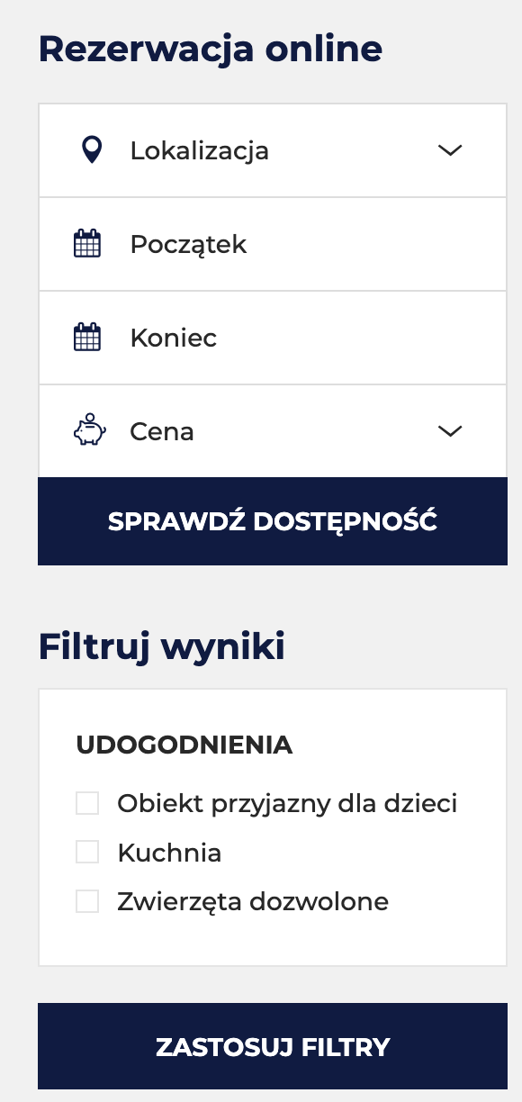 Strona www - filtrowanie wyników