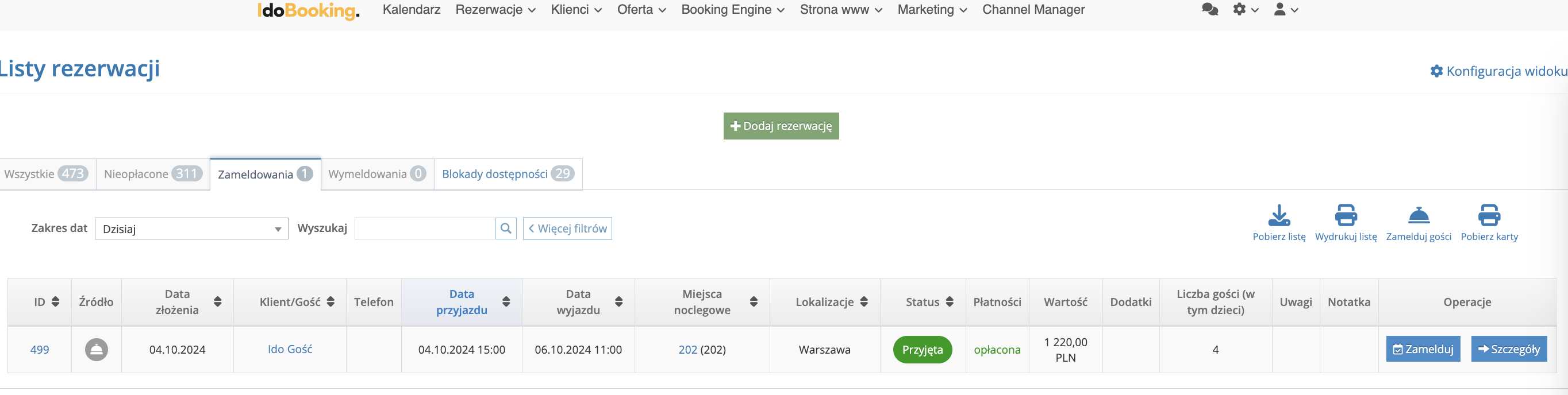 Meldunek - lista rezerwacji