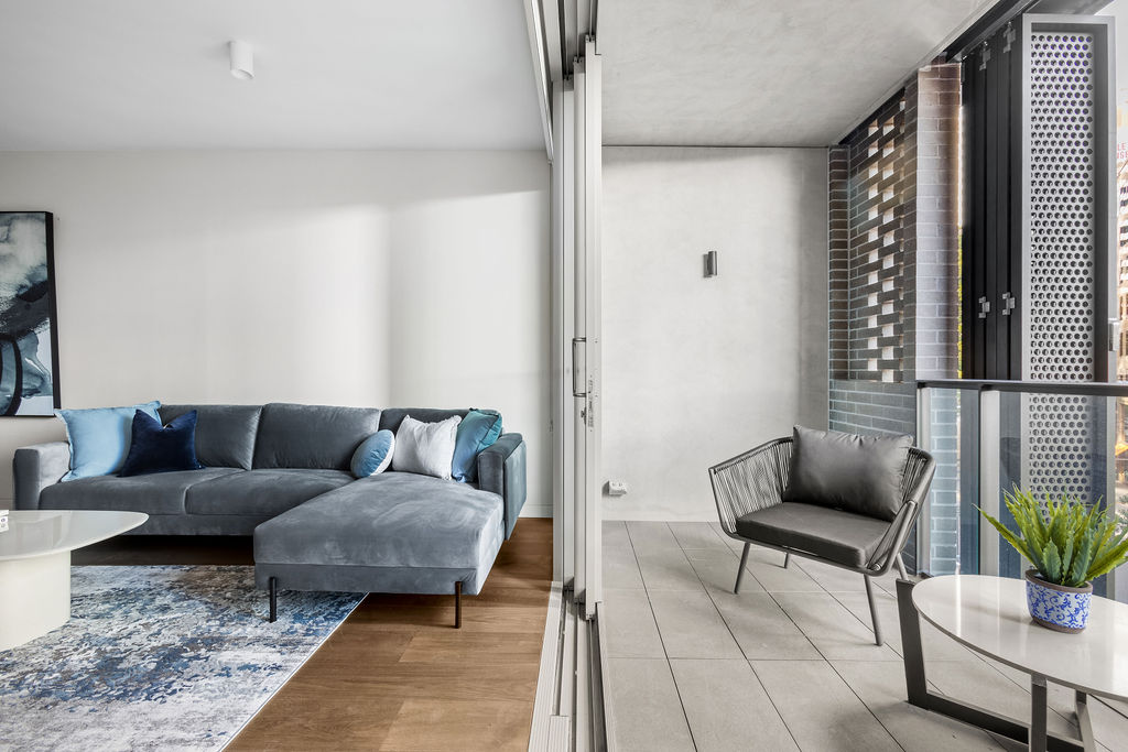 Balcony Lounge - Two Bedroom Apartment - Urban Rest - Quay Quarter Apartments Sydney