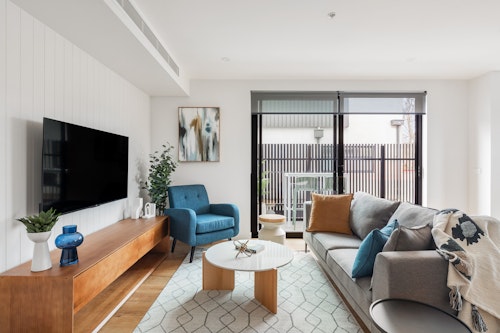 Lounge, Three Bedroom Apartment at Docker St Apartments by Urban Rest, Elwood