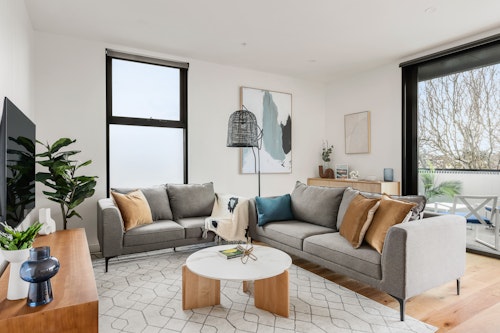 Lounge, Three Bedroom Apartment at Docker St Apartments by Urban Rest, Elwood