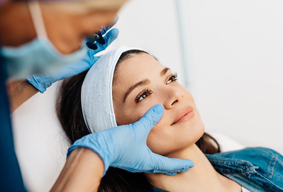 woman getting her face examined