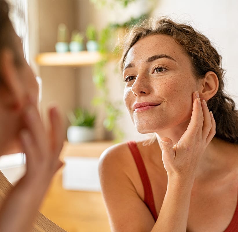 woman looking at her face in the mirror