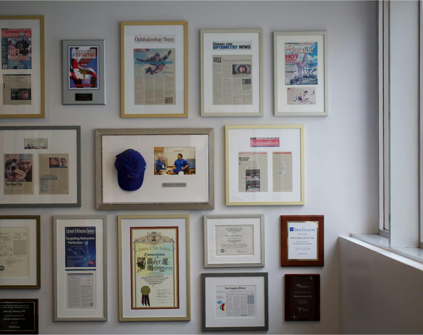 Newspaper clippings on a wall