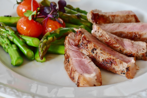 plate of cooked pork and vegtables