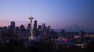 Seattle downtown arial shot at sunset