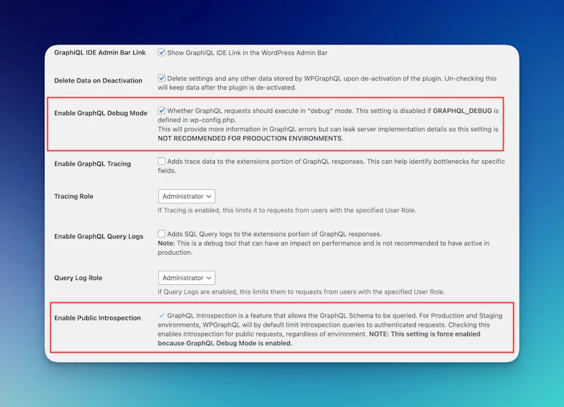WPGraphQL settings page